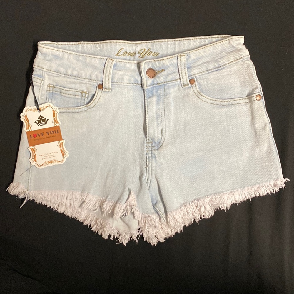 Jean shorts BRAND is Love You, SIZE is 7/8, COLOR is wash out light blue.